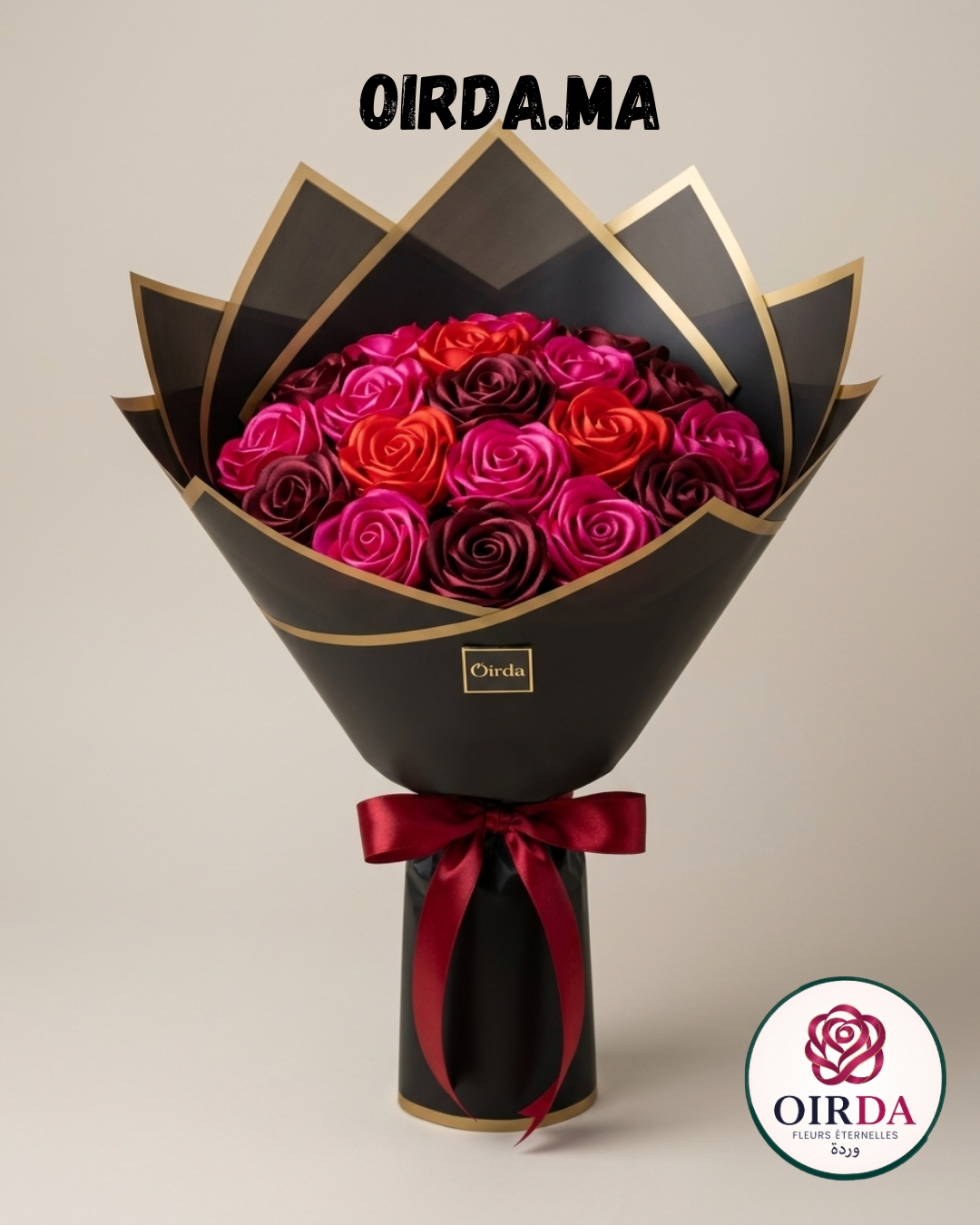 Bouquet de Roses Éternelles en Ruban Satin Rouge & Bordeaux